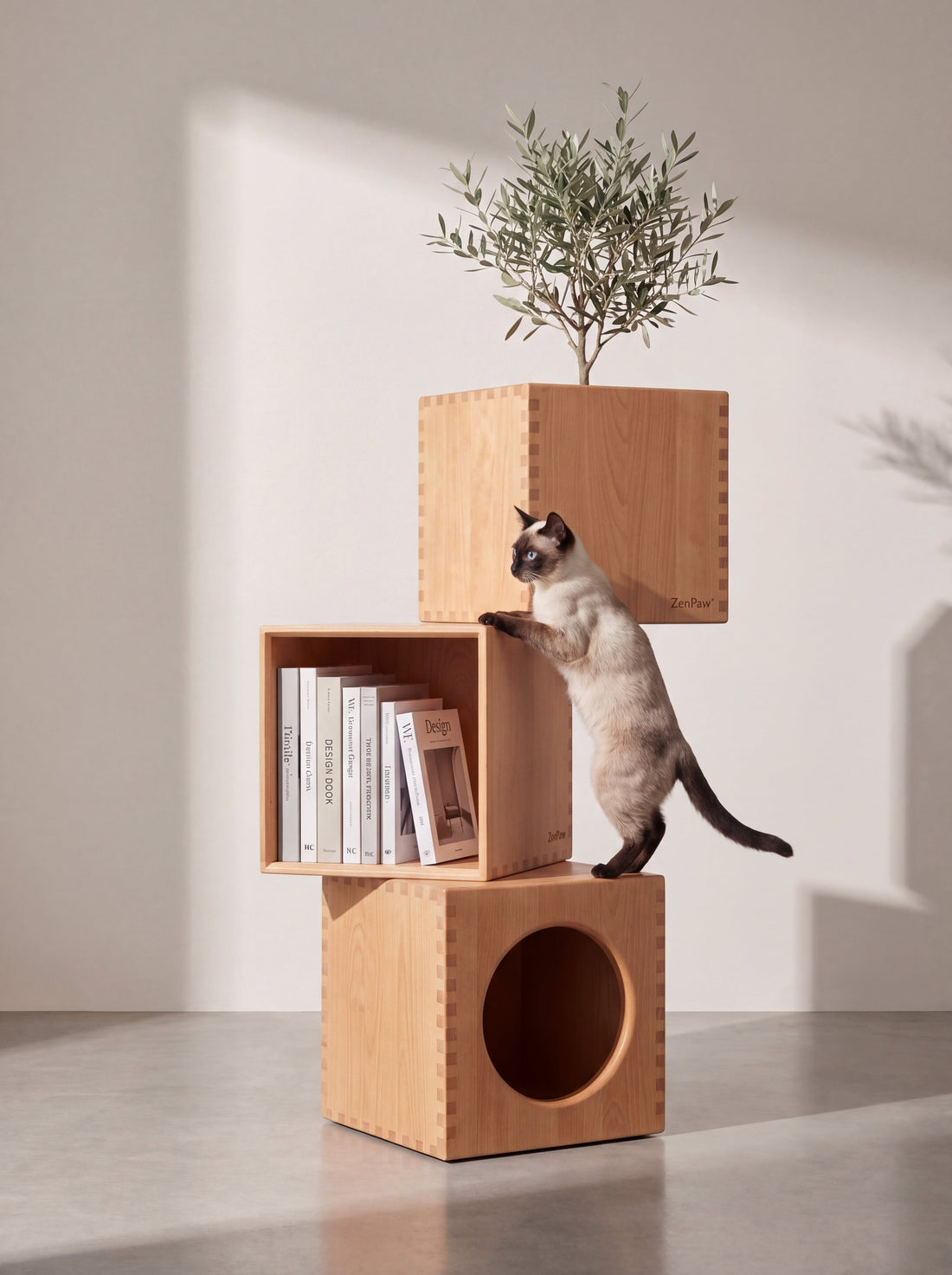 Wooden Cat House Round Entrance | Sculptural Pet Furniture | ZenPaw Cove