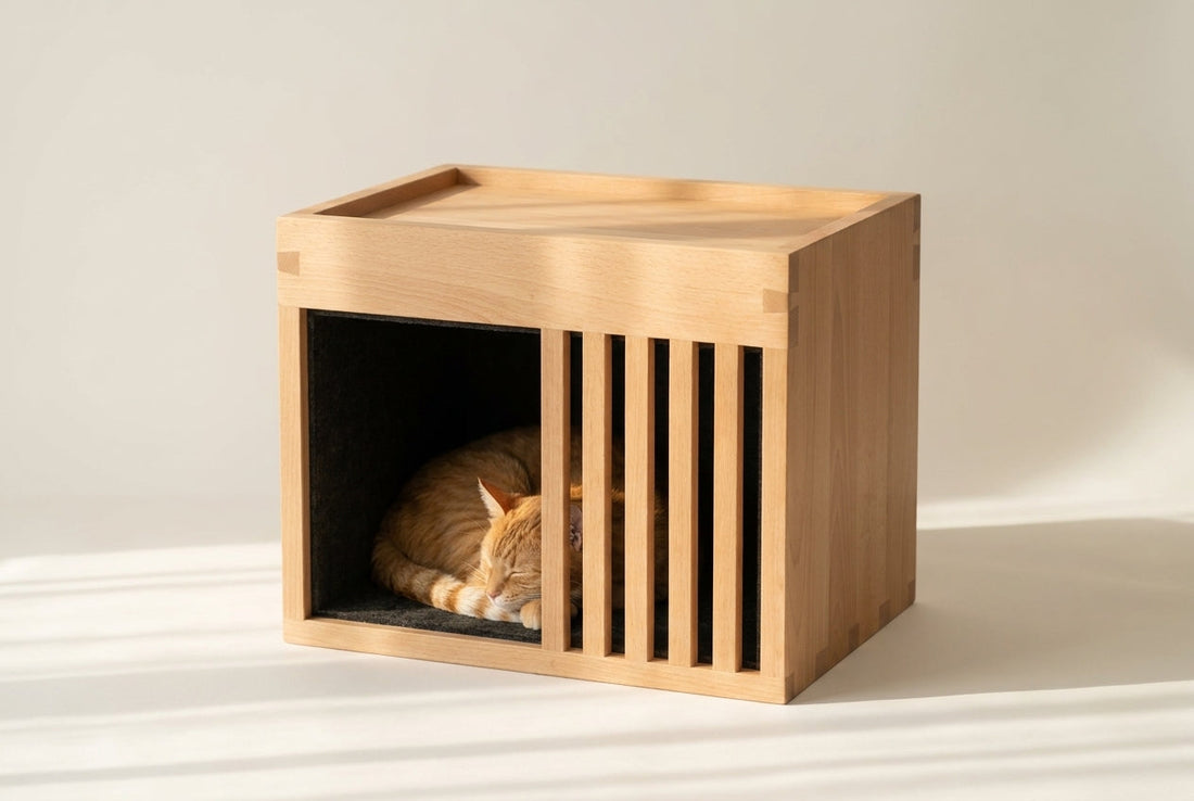 ZenPaw Horizon Sanctuary solid oak cat house end table with mortise and tenon joinery