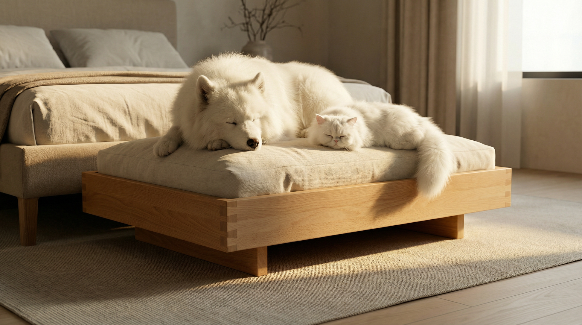 Shiba Inu dog staying cool on a breathable wooden bed in summer morning sunlight