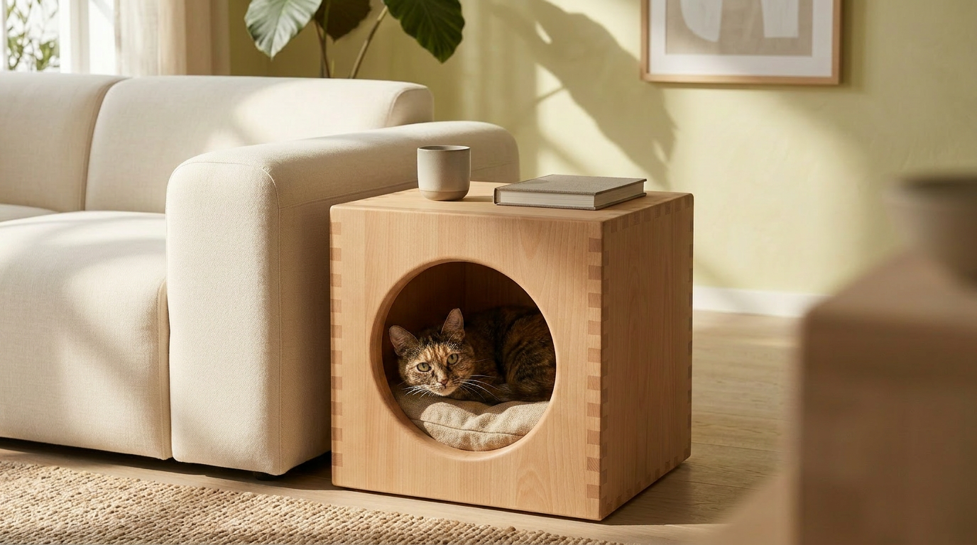 ZenPaw Horizon handcrafted solid beechwood side table and cat house cube sitting next to a cream sofa in a Japandi style living room.