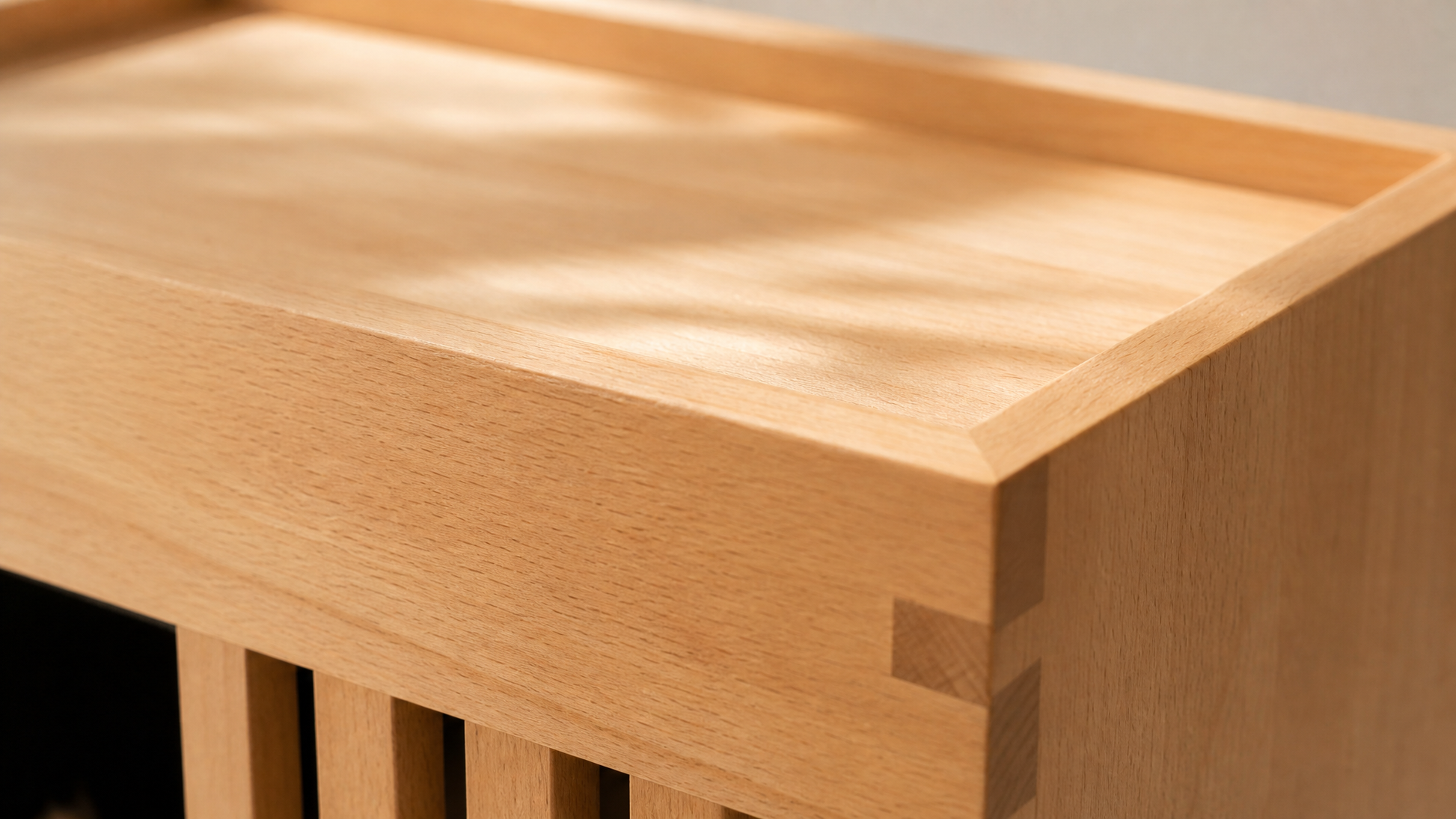 Solid beechwood grain texture and natural wax oil finish on ZenPaw Horizon Sanctuary cat house end table