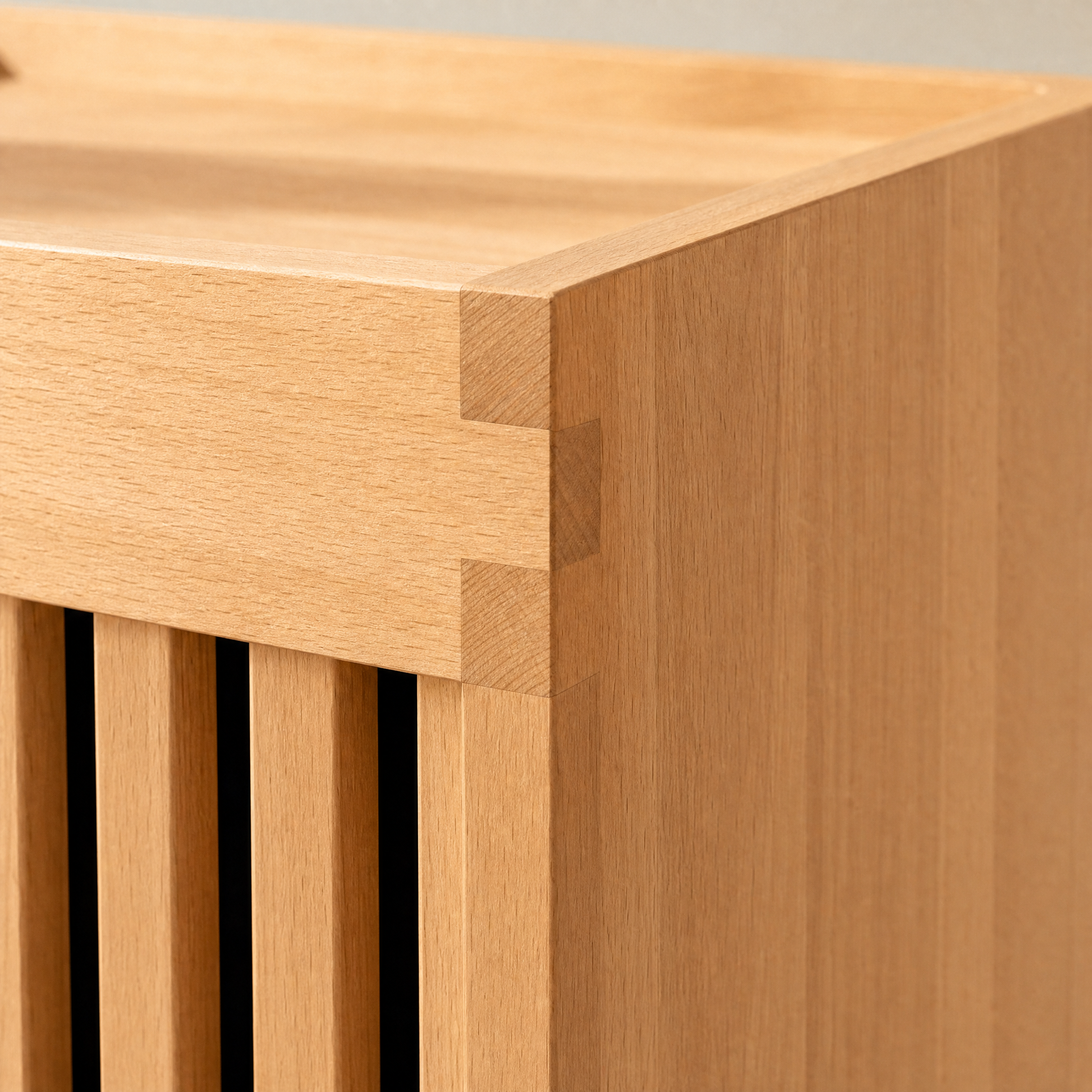 Close-up of mortise and tenon joinery detail on ZenPaw Horizon Sanctuary — no glue, no nails, handcrafted solid wood construction