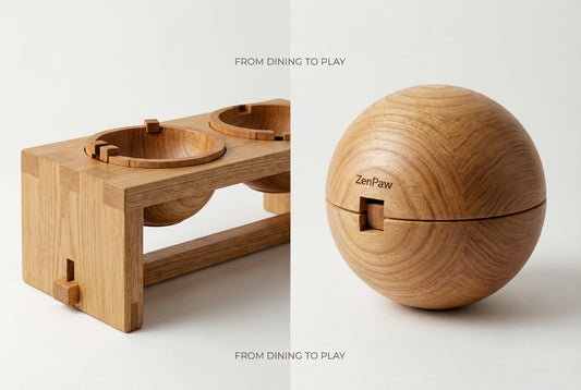 Wooden pet bowls transforming into a decorative sphere ZenPaw innovation