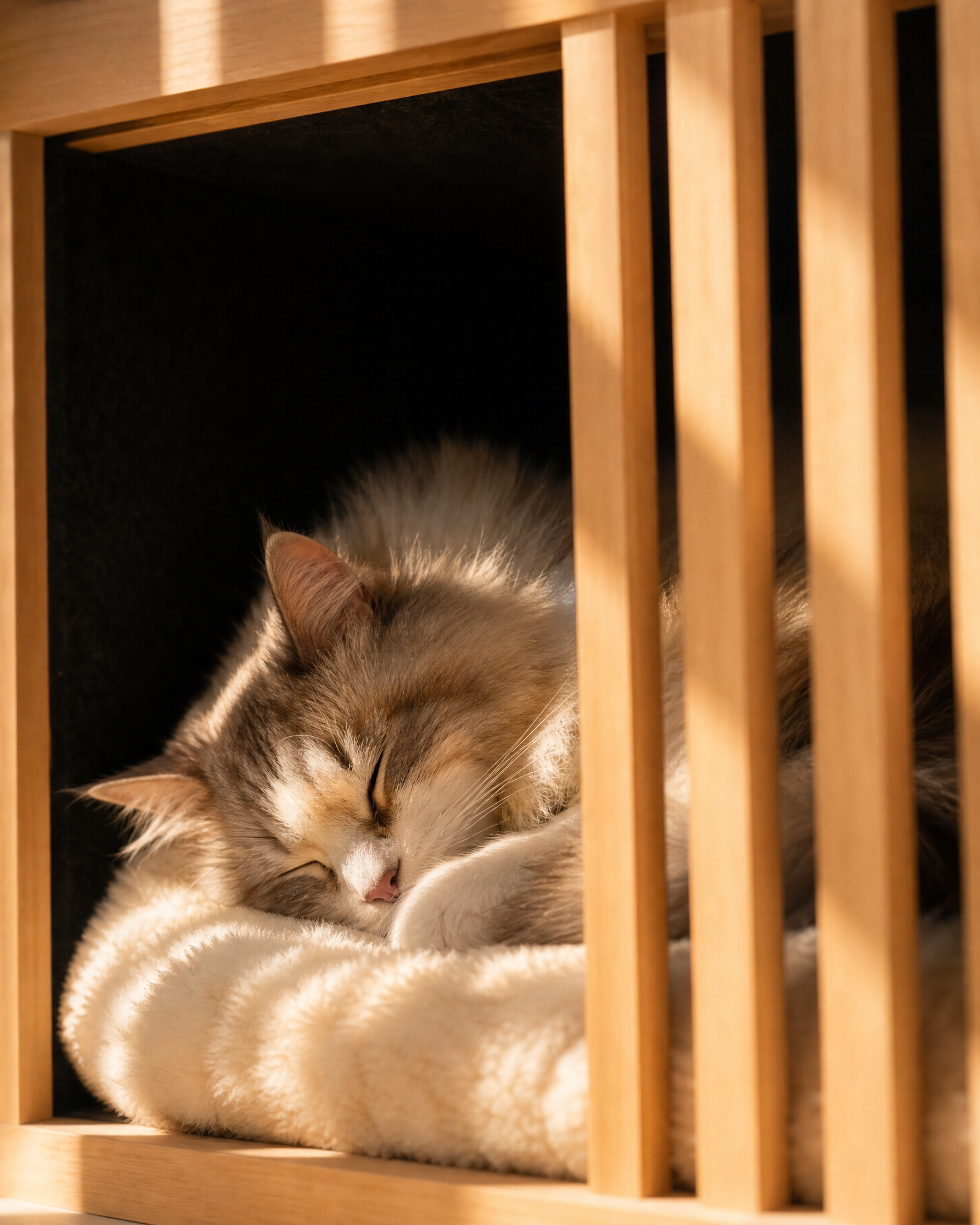 Cat peeking out from ZenPaw Horizon Sanctuary wooden cat house, open front design with side ventilation slats
