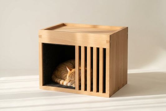 ZenPaw Horizon Sanctuary — handcrafted solid beechwood cat house end table with mortise and tenon joinery, front view on white background