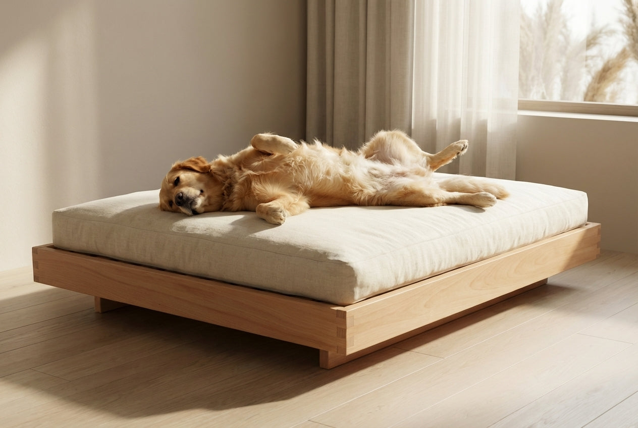 Solid Wood Pet Bed | Elevated Dog & Cat Bed | Natural Hemp Cushion