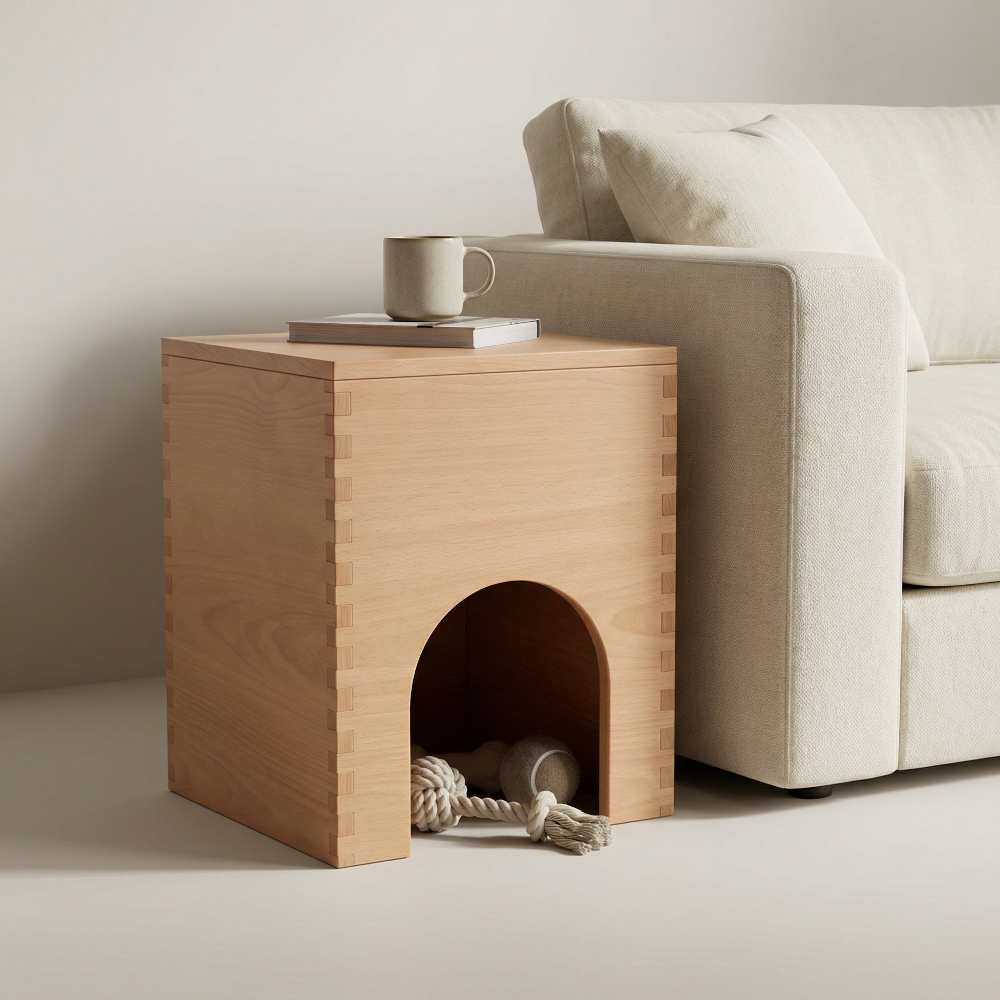 ZenPaw Hideaway solid beechwood side table and pet toy box in Japandi living room