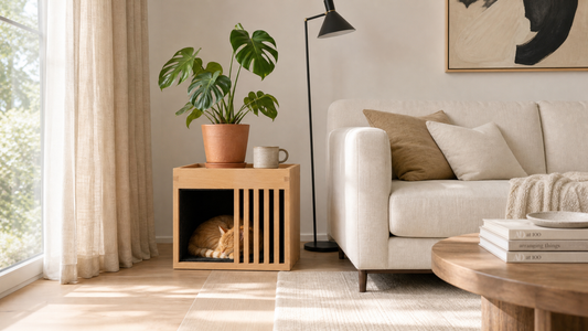 	ZenPaw Horizon Sanctuary wooden cat house side table in a modern living room with cat resting inside, human-pet harmony home decor