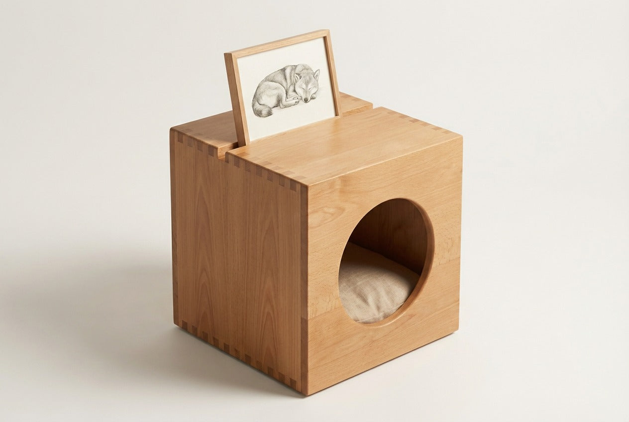 ZenPaw Memory Sanctuary memorial pet bed and side table with portrait slot handcrafted solid wood.