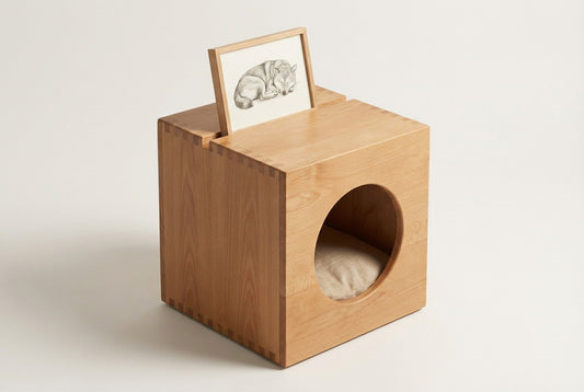 ZenPaw Memory Sanctuary memorial pet bed and side table with portrait slot handcrafted solid wood.